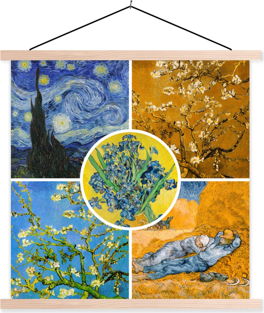 MuchoWow Textilposter Van Gogh - Collage - Sternennacht 120x120 cm mit holzfarbenen Rahmen - Textil-Poster