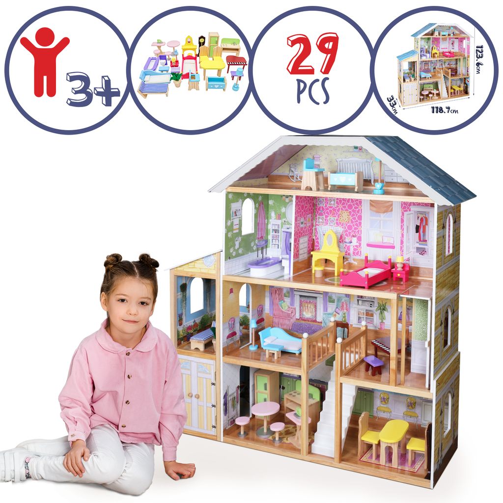 Puppenhaus inklusive Möbel und Puppen Zubehör Spielware Spielzeug Holz 