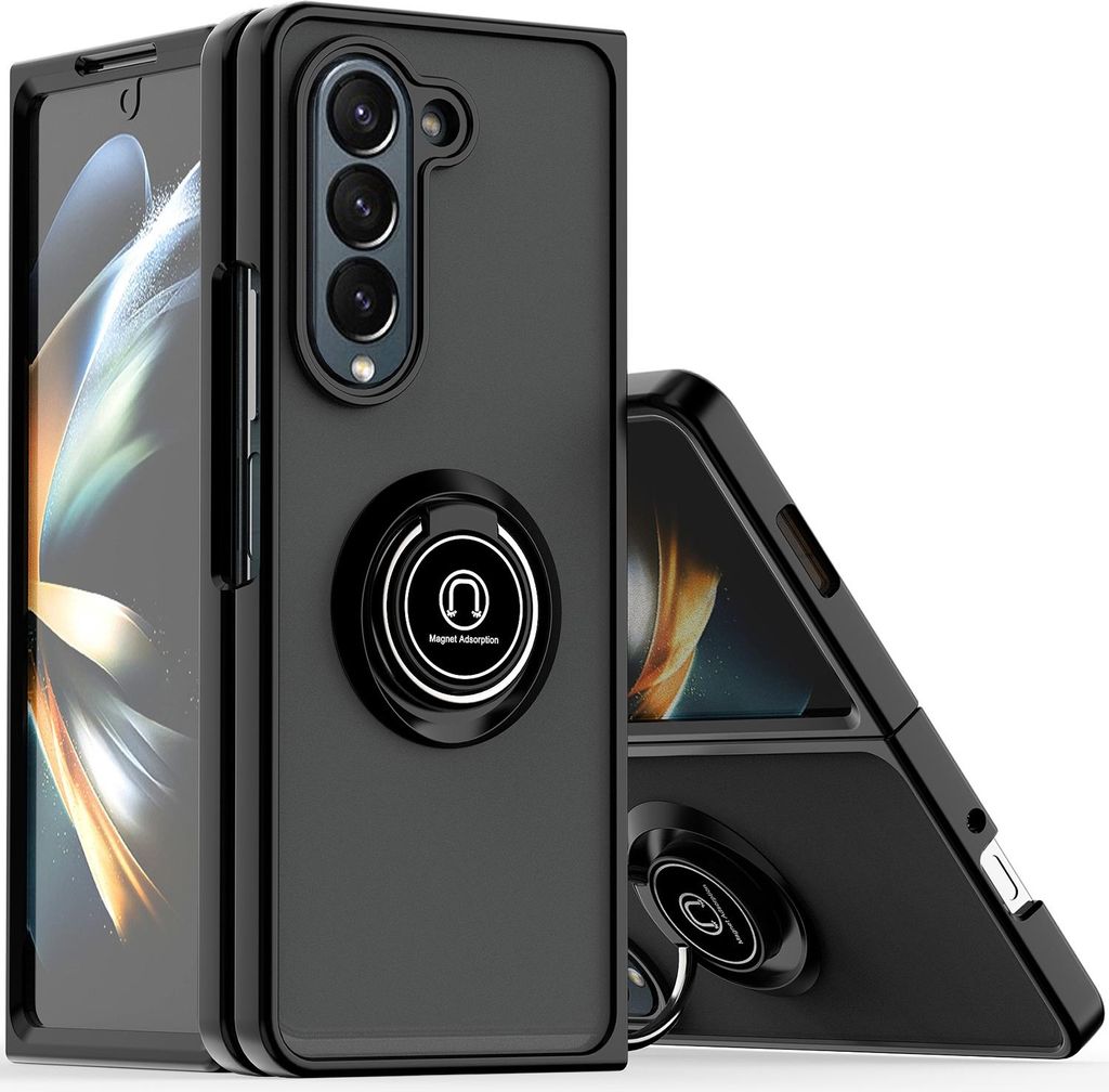 Hülle für Samsung Galaxy Z Fold 5 Matte Transluzent TPU Stoßfest Schutzhülle mit Ring Halter Ständer Schwarz