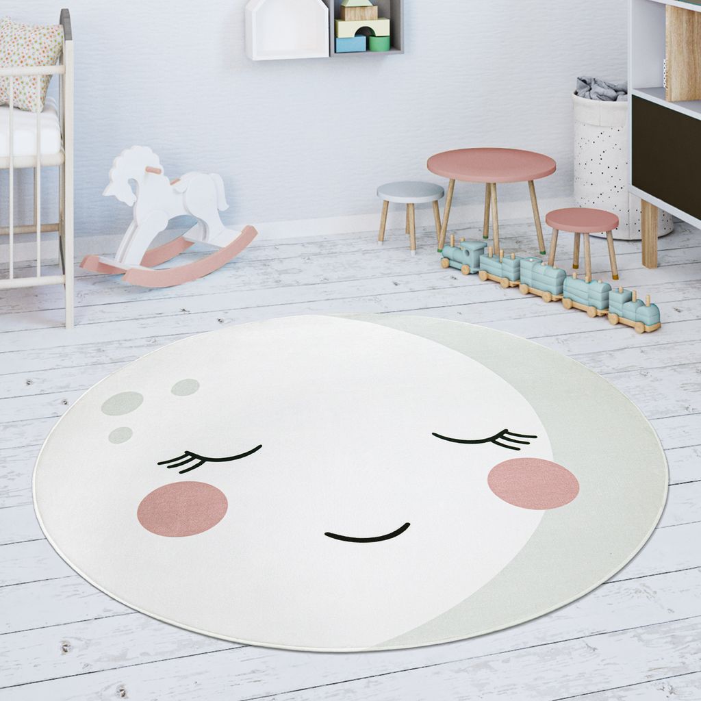 Kinderteppich Teppich Rund Kinderzimmer Spielmatte Mond Motiv Creme Weiß Grösse 80 cm Rund