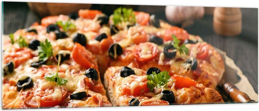 Bilder auf glas - Pizza Käse Tomaten - 140x50cm - Glasbilder - Wandbilder - Kunstdruck - zum Aufhängen bereit - Wanddekoration aus Glas - Glas Bi...