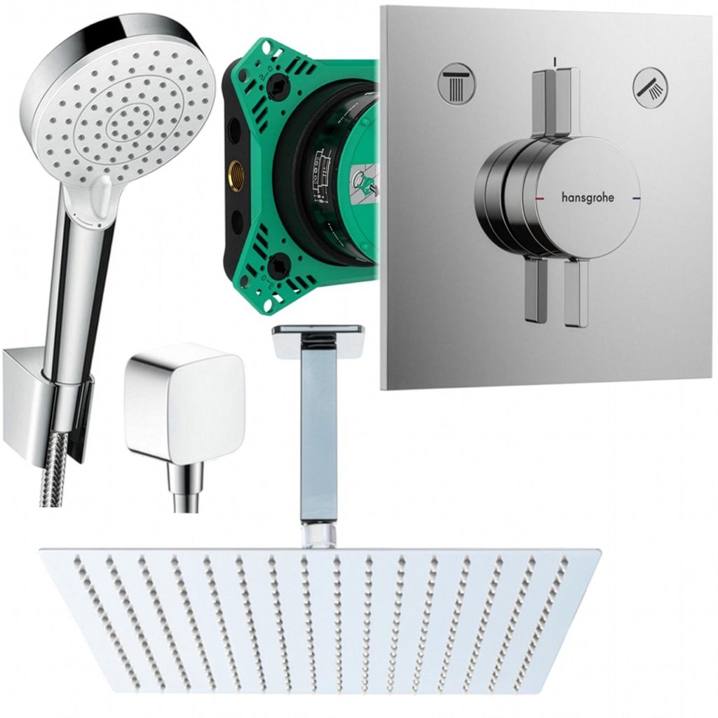 Hansgrohe und Jowi Duscharmatur Unterputz Duschsystem mit 360mm Kopfbrause, DuoTurn E Duscharmatur, Deckenanschluss