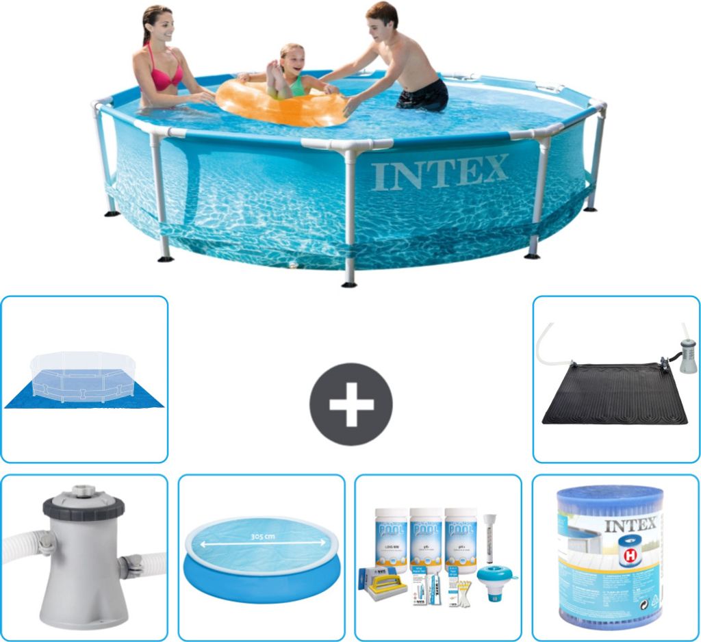 Intex Rundrahmen-Schwimmbecken – 305 x 76 cm – Wasserdruck – inklusive Pumpe Sonnensegel - Wartungspaket - Filter - Bodenplane - Solarmatte