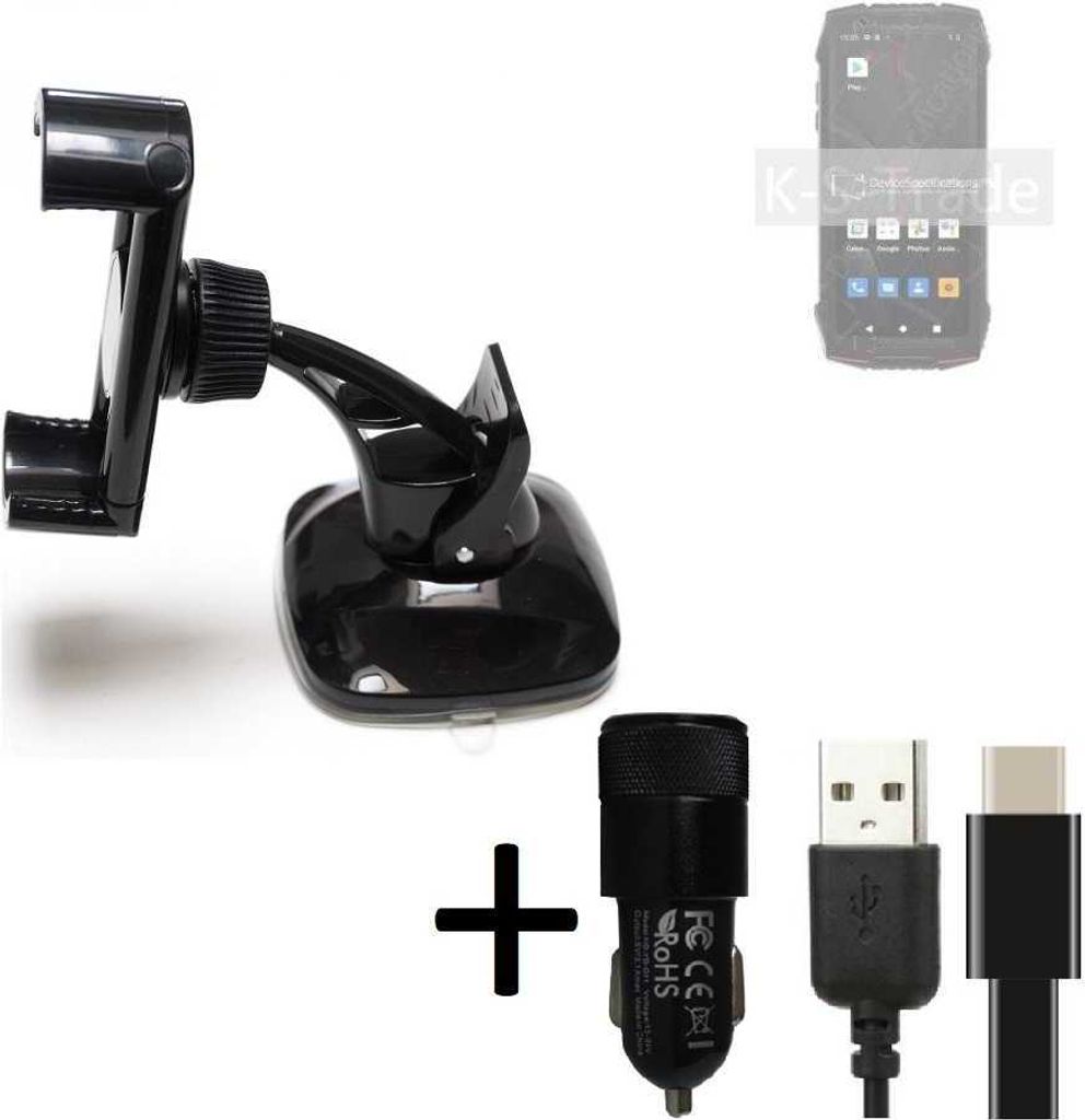 K-S-Trade Handy-Halterung kompatibel mit Cubot KingKong Mini 3 Windschutzscheibe / Armaturenbrett + LADEGERÄT mit Mico USB Kabel Autohalterung