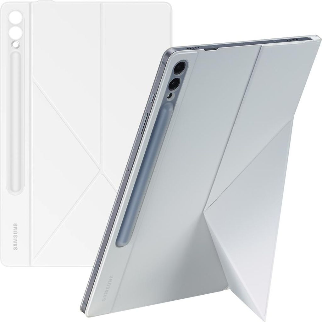 A white tablet case with a stand is shown from the side and front.