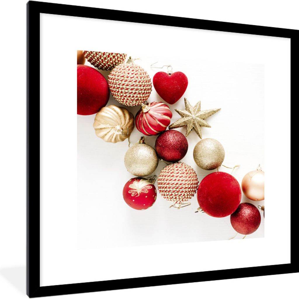 MuchoWow Gerahmtes Poster Winter - Rot - Kugeln 40x40 cm - Poster mit Schwarzem Bilderrahmen Wandposter Rahmen Foto Bilder - Poster - Plakat im R...