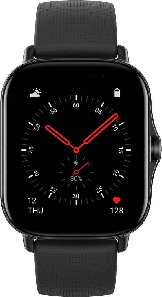 A close-up of a black smartwatch with a black strap, displaying the time and other metrics on its screen.