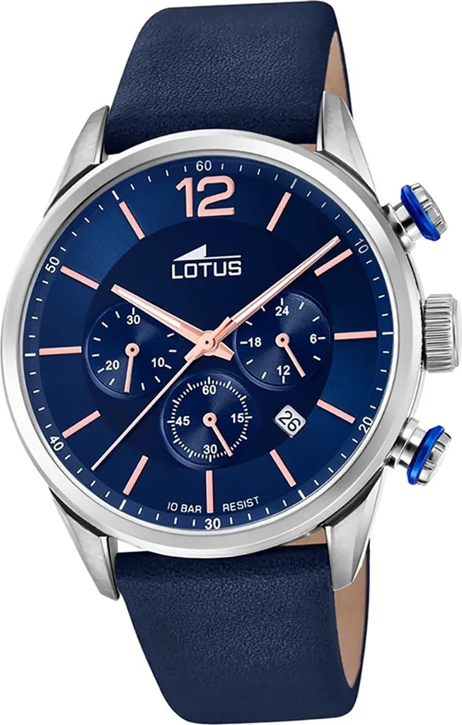 Lotus Montre Homme Sportive Bracelet Cuir Bleu et Cadran Chrono Acier
