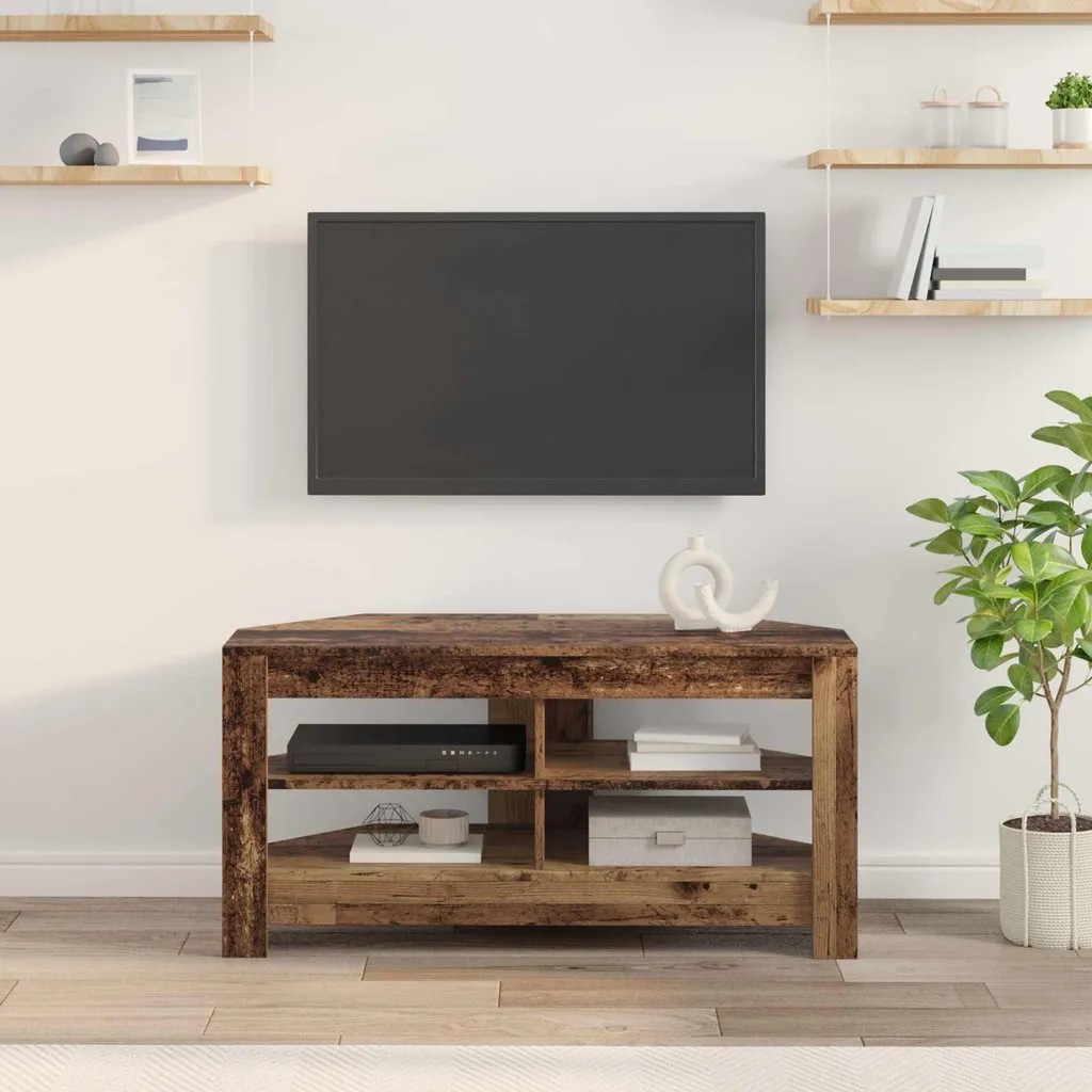 Meuble TV d'angle en bois ancien rustique de dimension 102x40cm