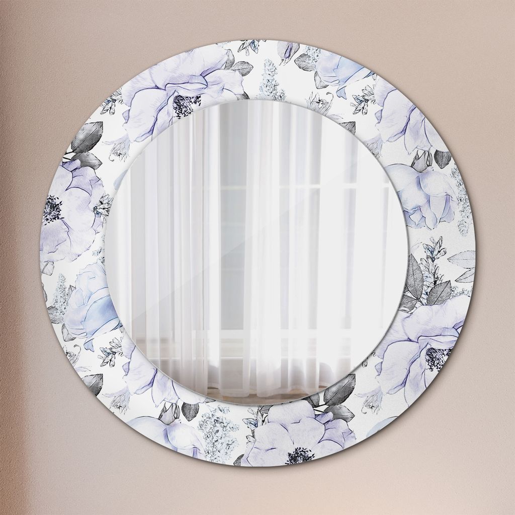 Ø50cm Spiegel - Glasrahmen mit Aufdruck - Wandspiegel Schlafzimmer - Blau Rosen