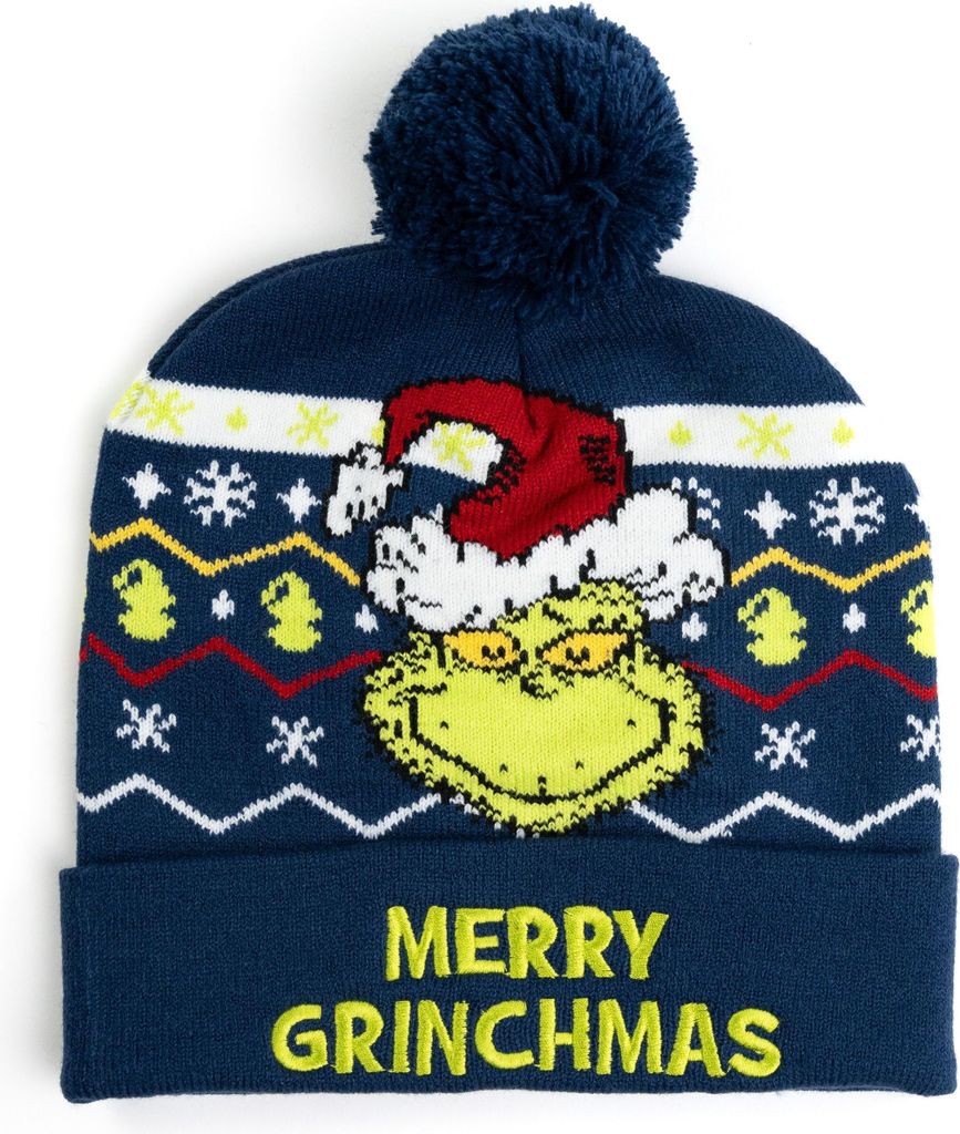 The Grinch Strickmütze für Jungen und Mädchen - Merry Grinchmas Kinder Wintermütze mit Bommel Mütze Blau