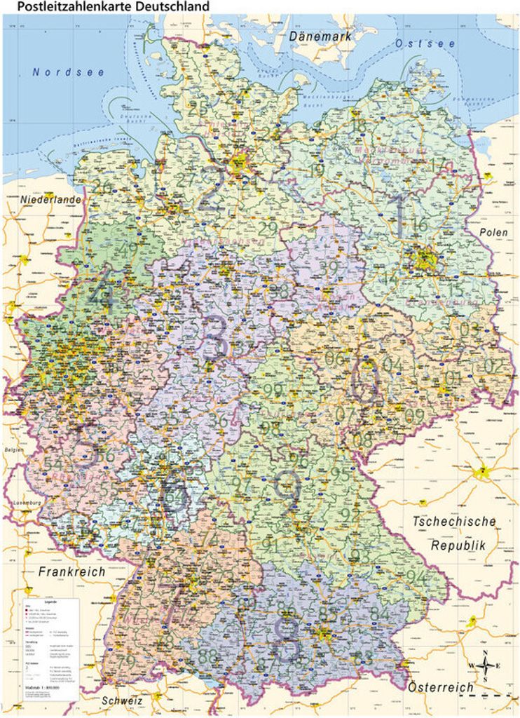 GeoMetro Landkarte Deutschland politisch mit Postleitzahlen PLZ (84 x 114 cm)