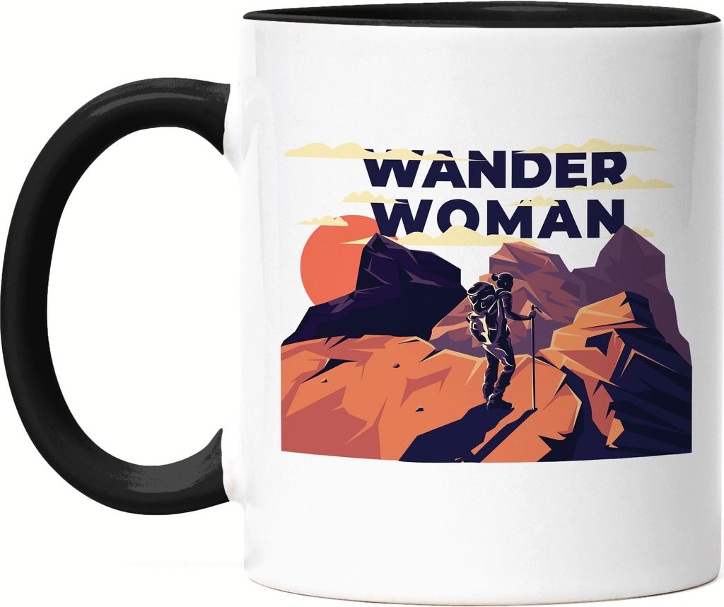Wander Woman Tasse Schwarz Berg Berge Hügel Wanderroute Wanderweg Gipfel Wanderschuhe Bergsteigen Sport