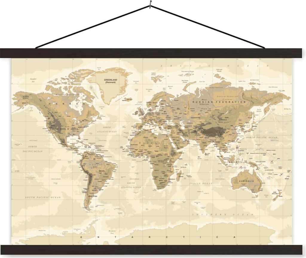 MuchoWow Textilposter Karte - Welt - Jahrgang 60x40 cm mit schwarzem Rahmen - Hölzernes