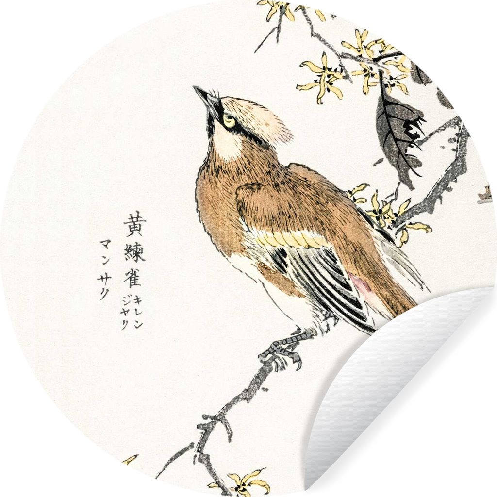 MuchoWow Runde Wandtattoo - Wandsticker Tapete Aufkleber Vogel - Zweig - Schriftzeichen - Japanisch Ø 50 cm Selbstklebend und Repositionierbar -...