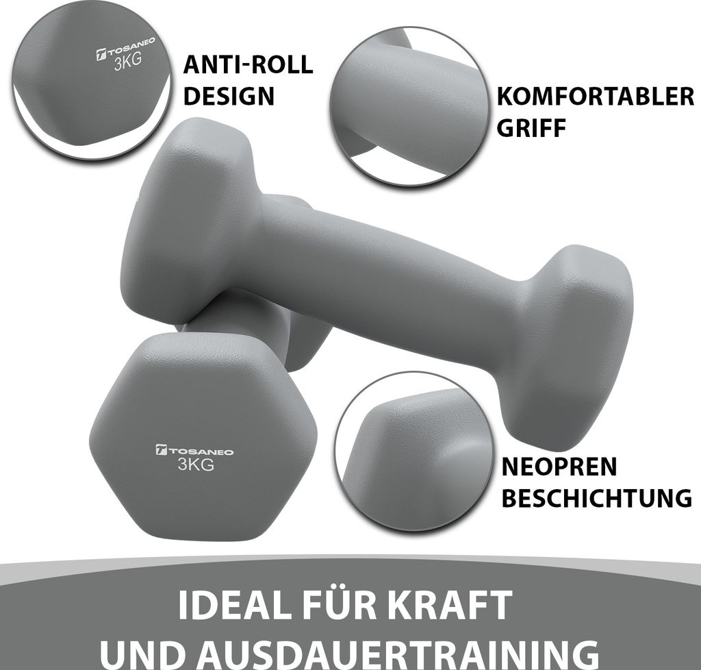 TOSANEO 2er Set Hanteln 2x 3,0kg Grau Neopren Kurzhanteln Produktbild 2