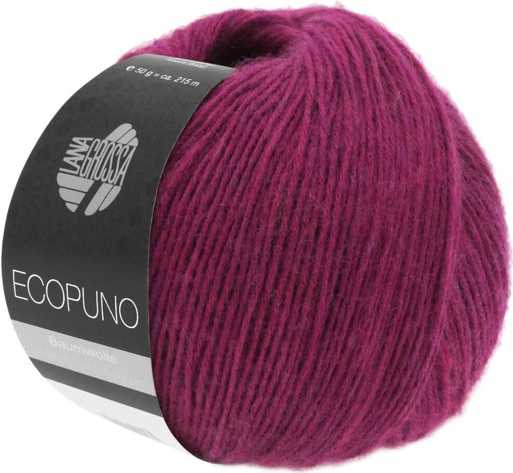 A ball of purple yarn with a black label wrapped around it.