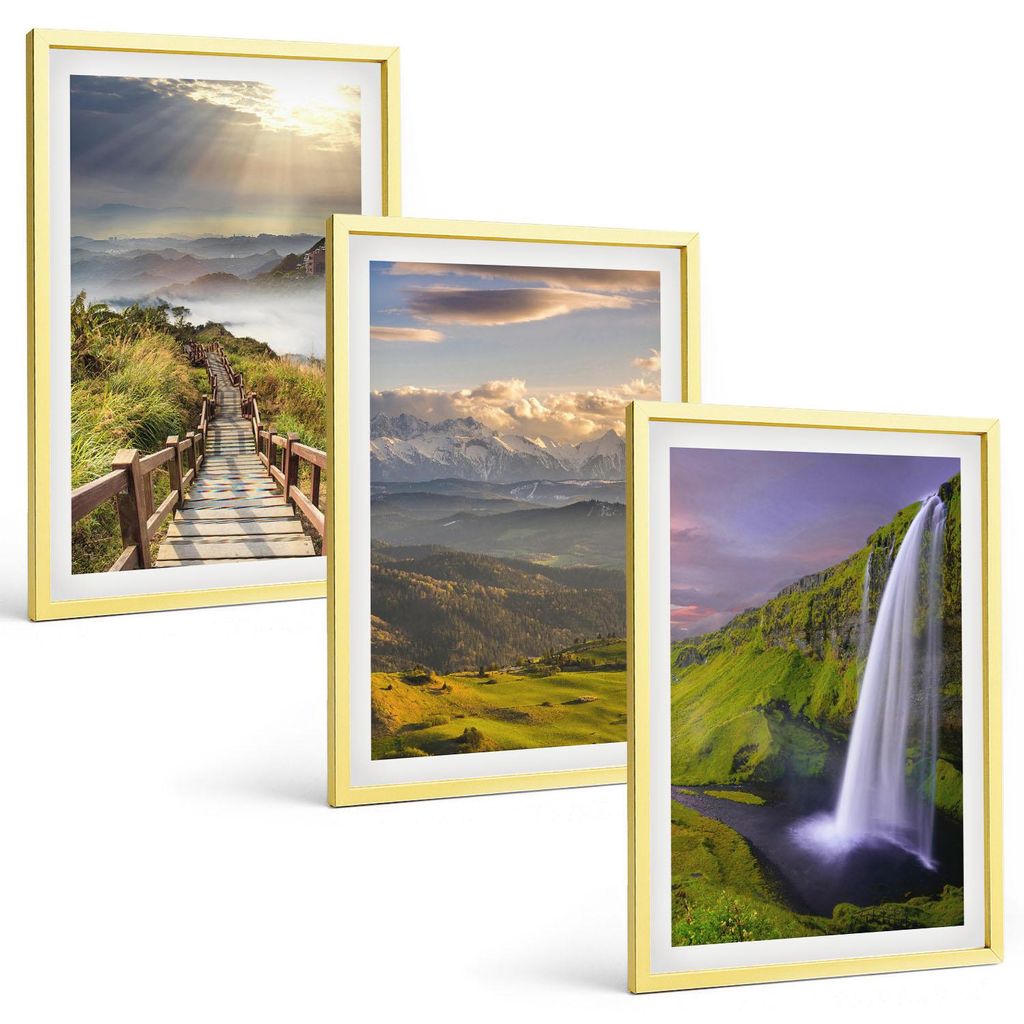 Bilder Set 3-teilig im Goldrahmen Rahmen – Wandbilder 3 Stück – gerahmte Poster für Wohnzimmer, Schlafzimmer und Flur – 40x60 cm – Bergla...