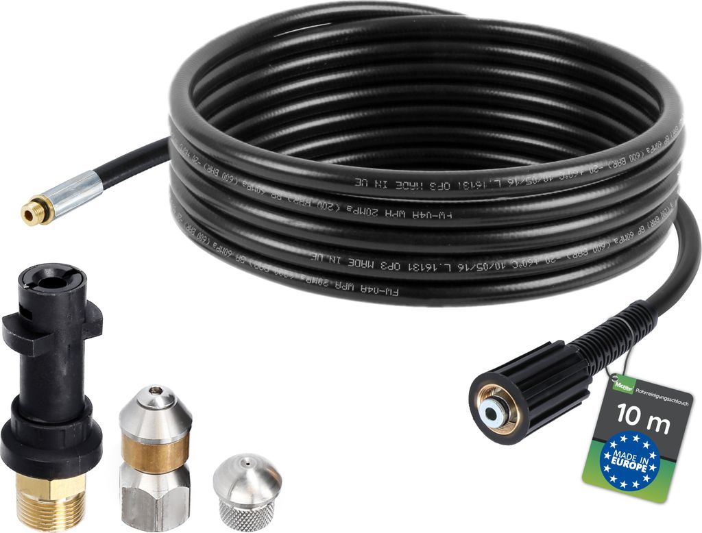 McFilter Rohrreinigungsschlauch, 10m, 160 bar, kompatibel mit Kärcher, K2, K3, K4, K5, K6, Hochdruckreiniger, inkl. Adapter, Düsen starr + rotierend
