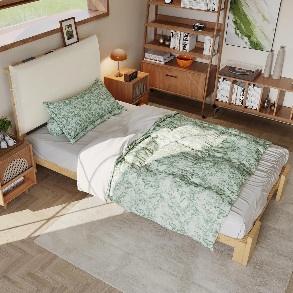 Lit enfant 90x200 tête de lit capitonnée à velcro et structure en bois