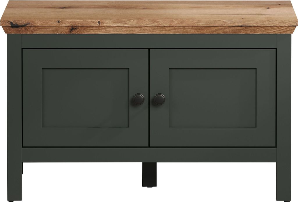 A dark green storage bench with a wooden top and two doors with black knobs, shown against a white background.