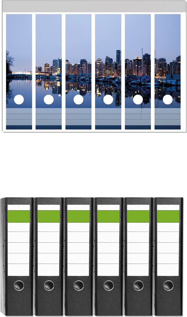 Wallario 6 Stück breite Ordner inkl. Klebeetiketten mit Motive Skyline von Vancouver - Set mit Rückenschildern / Ordnerrücken Stickern