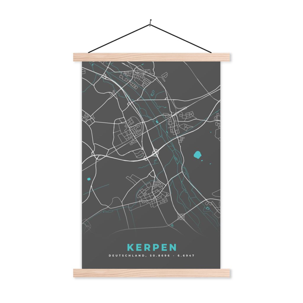 MuchoWow Textilposter Deutschland - Blau - Kerpen - Stadtplan - Karte 60x90 cm mit holzfarbenen Rahmen - Textil