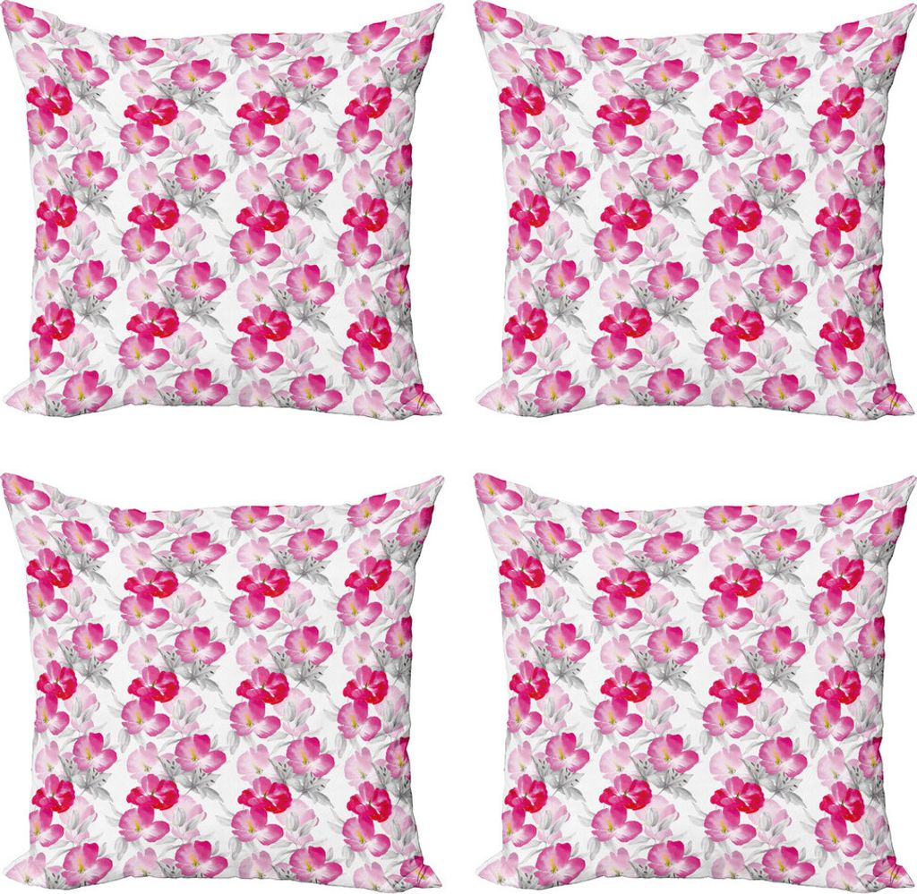 ABAKUHAUS Blumen Kissenbezug Set (4 Stück), Aquarell Mohn Romantik, Moderner Doppelseitiger Digitaldruck, 50 cm x 50 cm, Magenta-Rosa-Grau