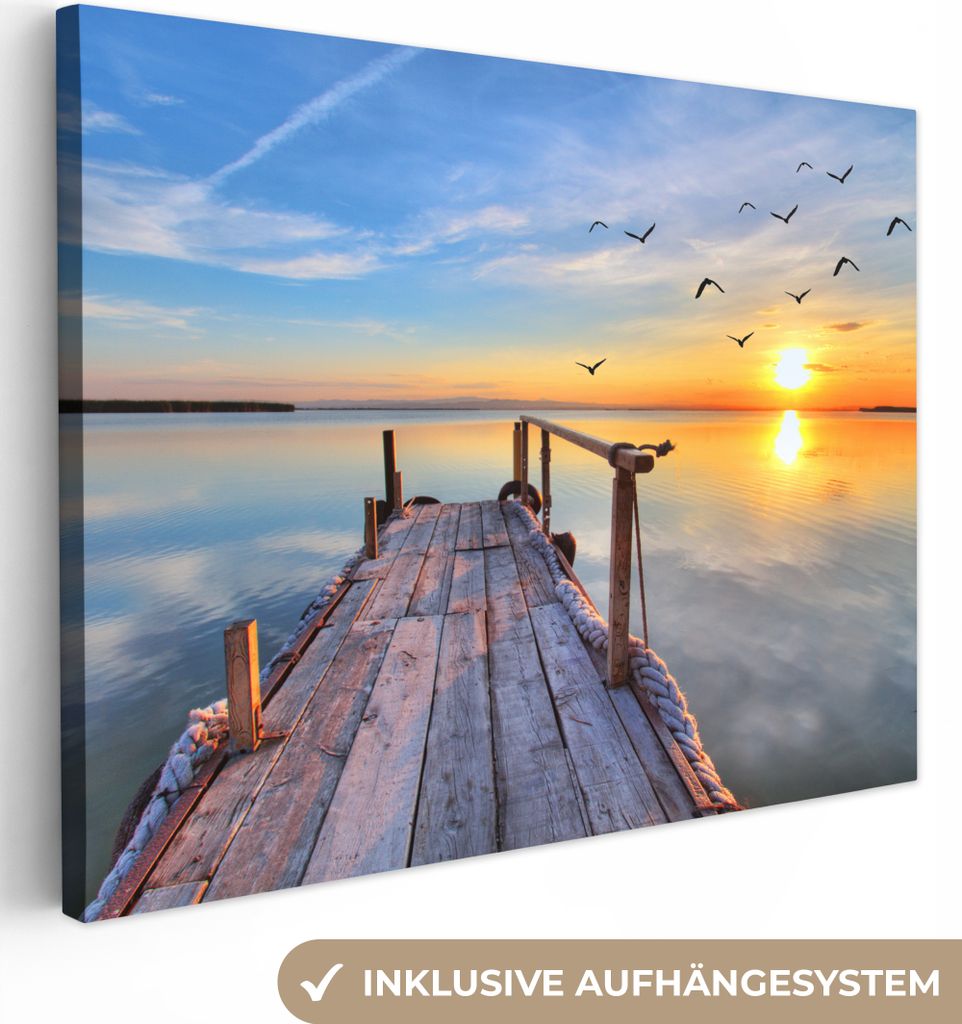 MuchoWow - Leinwandbilder - Wasser - Steg - Vögel - Sonnenuntergang - Horizont, Wandbild, Wanddeko Bilder Wohnzimmer, 120x90 cm