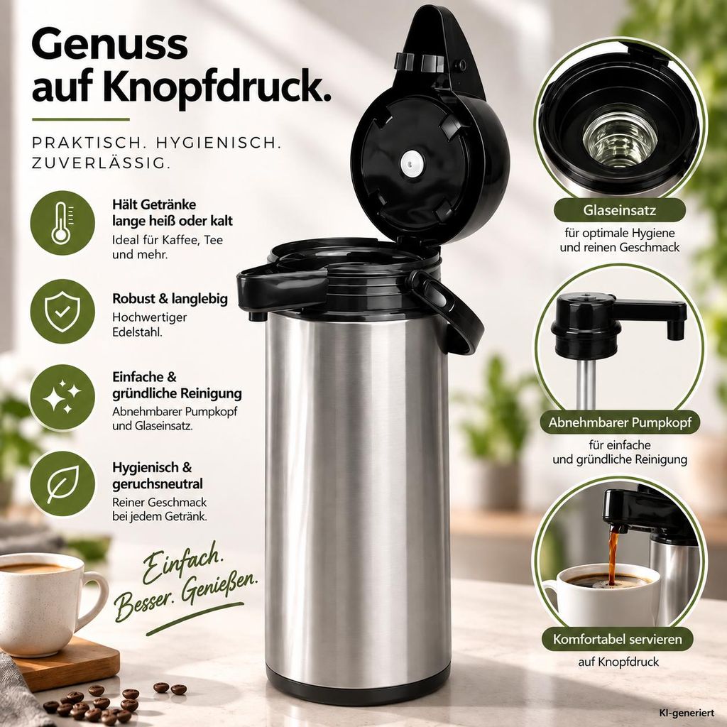 2er Set Thermoskanne 1,9 L mit Pumpfunktion – Edelstahl