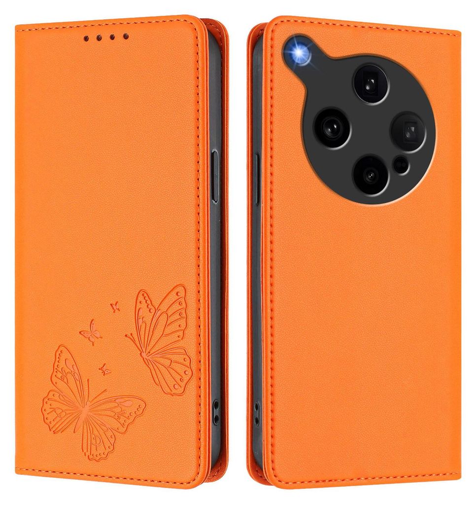 Lederhülle für Oppo Find X8 Ultra, Schmetterling Prägung Leder Brieftasche Schutzhülle mit Ständer Orange