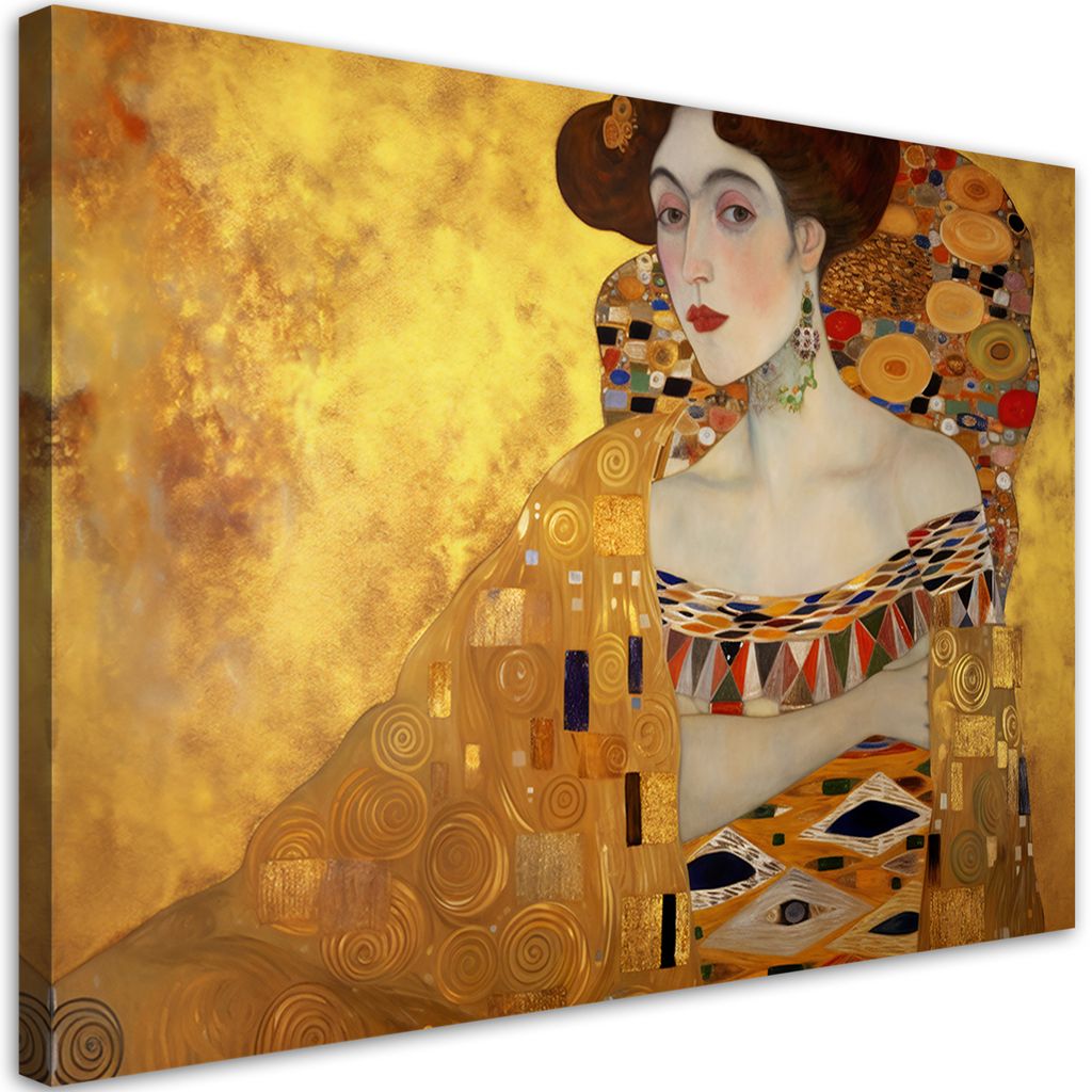 Leinwandbild Goldenes Porträt einer Frau - G. Klimt 90x60 Feeby Gold bild für die wand bereit zum aufhängen