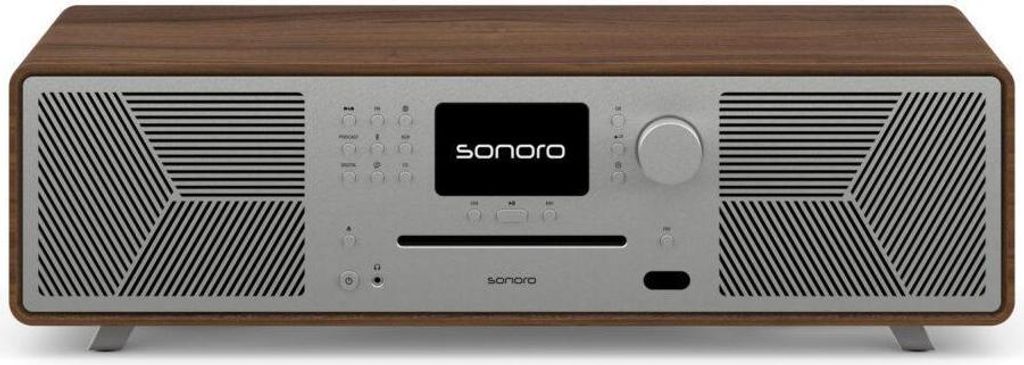 sonoro All-In-One Audiosystem Meisterstück (Gen.2) walnuss - silber ((2.1 System, 4 Zoll Display, (HDMI (eARC), USB-A, USB-C, Optischer Digitalein...