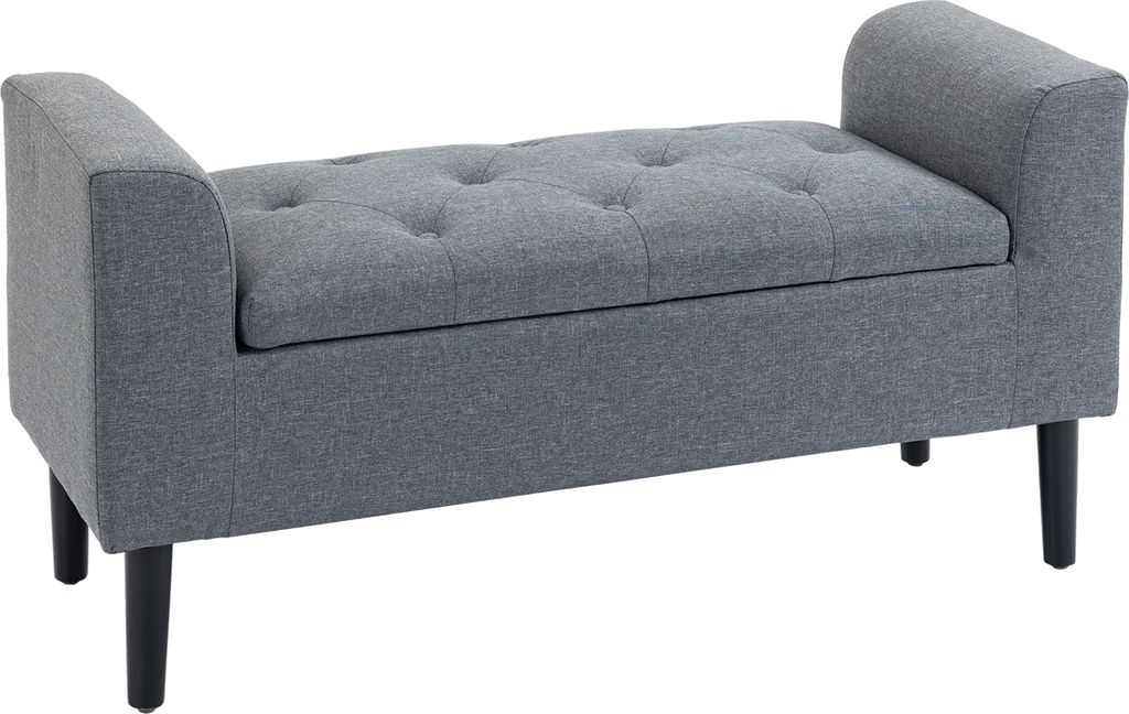 A gray upholstered storage bench with tufted seating and black wooden legs, shown against a white background.