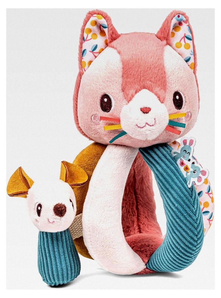Rassel für Babys mit 5 Griffen – Jeanne die Katze – Sensorisches Spielzeug ab 6 Monaten – Fördert Seh- und Tastsinn – Rosa & Grün – 19 cm