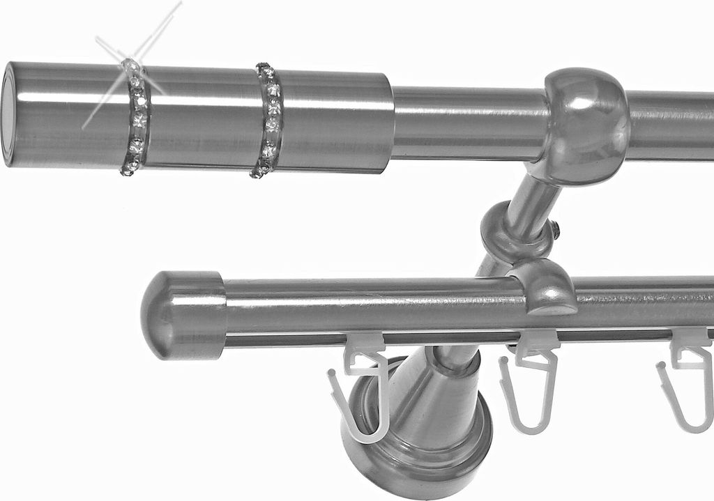 Gardinenstange Rohr und Innenlauf Edelstahl Look, Metall, Durchmesser 16mm, Wandträger H14RI, 2-läufig, Länge 160, Endkappe E26