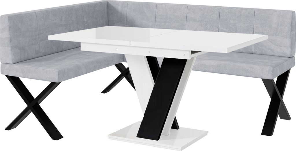 MEBLINI Eckbank für Esszimmer mit ausziehbarem Tisch - Küchenbank - Essecke - Sitzecke Küche - PETER - X-Beine 128x168x87cm Links - Hellgrau Sam...