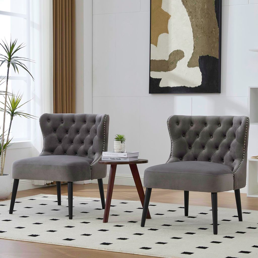 okwish Relaxsessel mit Nieten trim,Liegestuhl für Wohnzimmer,Loungesessel mit Massivholz Beine,Polstersessel mit Stoff Knopf,Grau