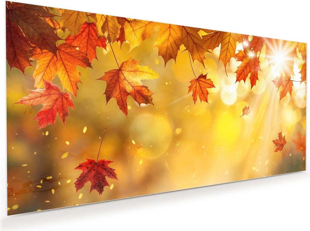 Glasbild 110x55cm in XXL für Wohnzimmer, Schlafzimmer Motiv Herbstblätter Sonne