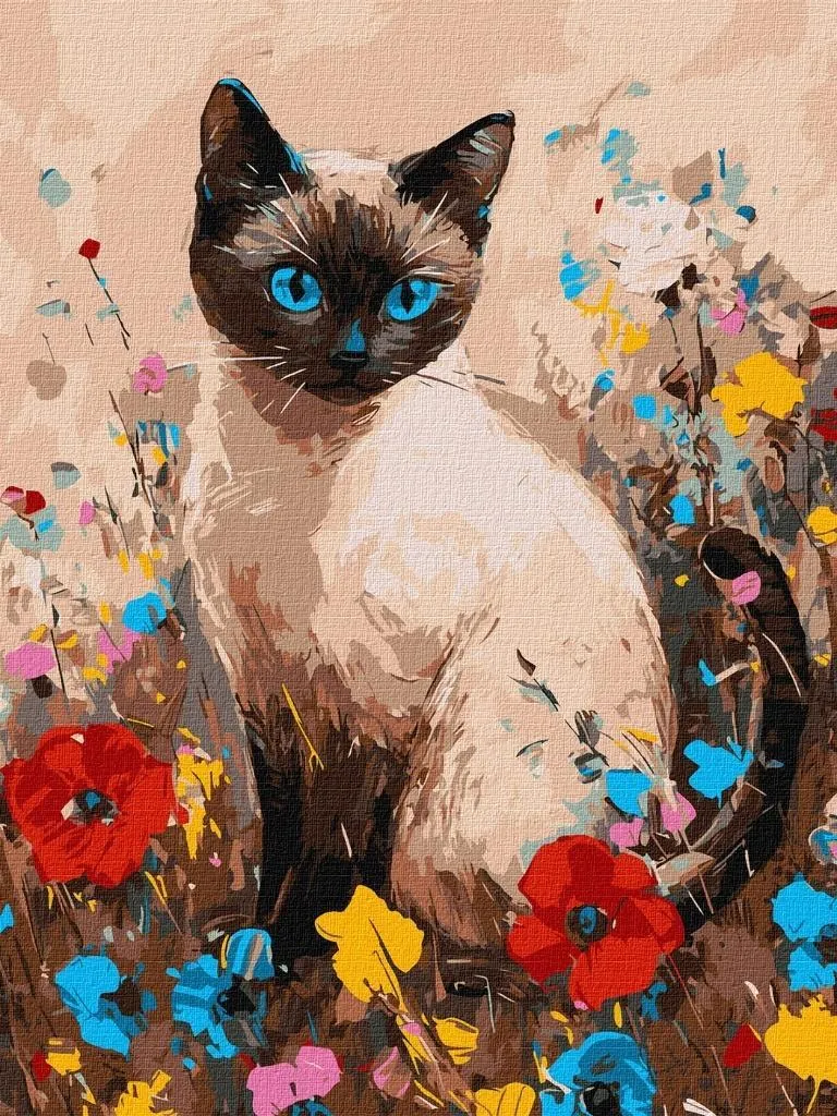 Tableau à peindre soi-même Chat et fleurs - Kit créatif 30x40 complet