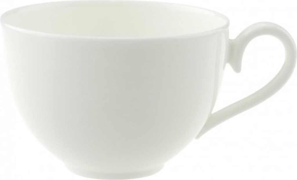A white ceramic coffee cup with a handle is shown against a white background.