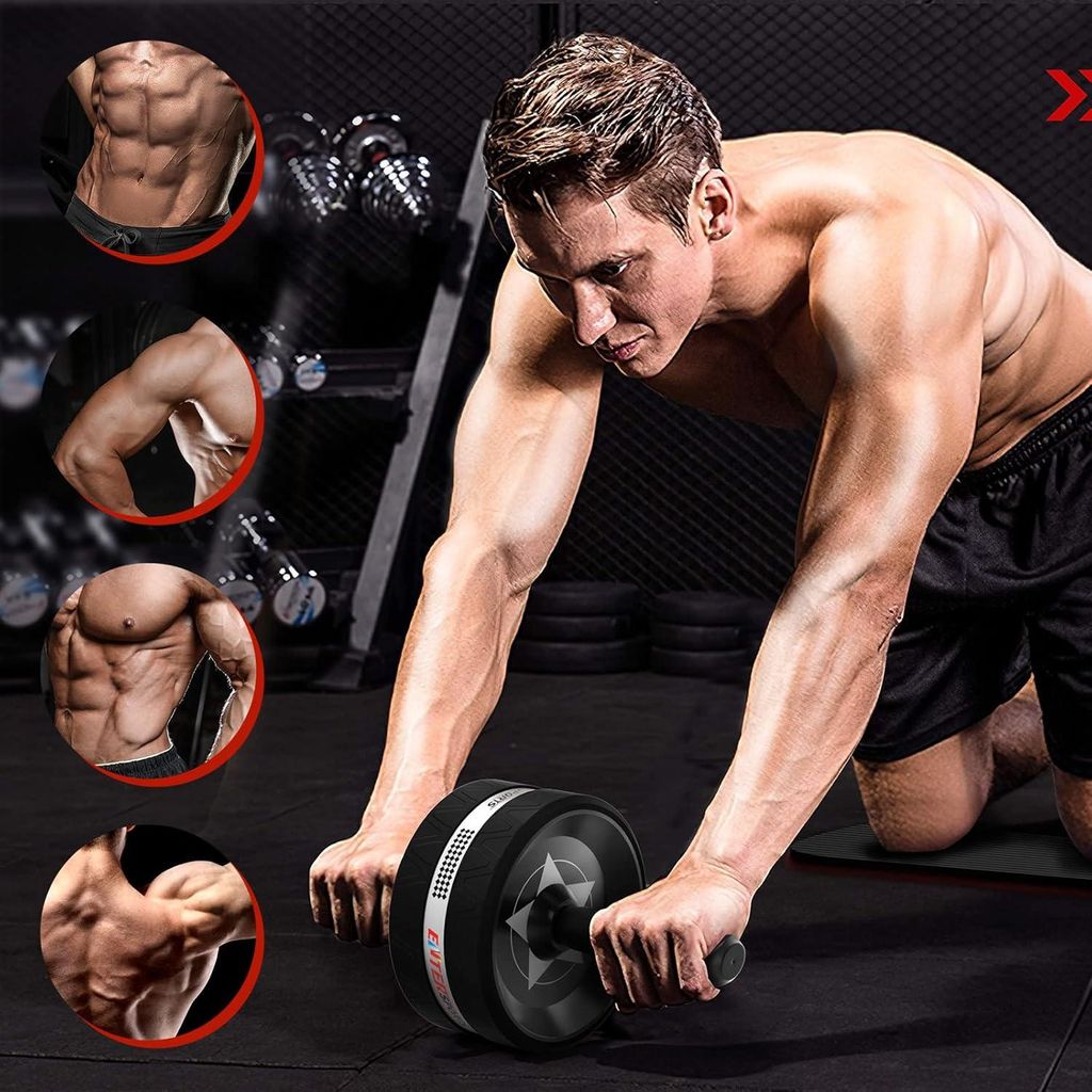6-in-1 Bauchroller und Fitnessset für das Home-Workout - Effektiver Bauchmuskeltrainer mit Widerstandsbändern und Liegestützen
