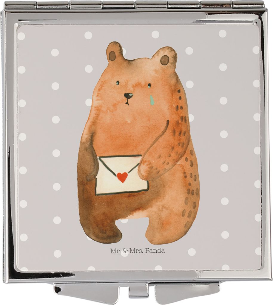 Mr. & Mrs. Panda Mini Spiegel Bär Liebesbrief - Grau Pastell - Geschenk, Reise Schminkspiegel, Vermissen, Liebeskummer, Freundin, Reisespiegel, Fr...