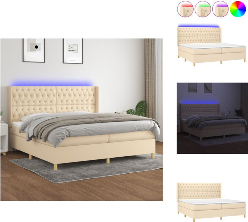 vidaXL Boxspringbett mit Matratze & LED Creme 200x200 cm Stoff - Betten & Bettgestelle