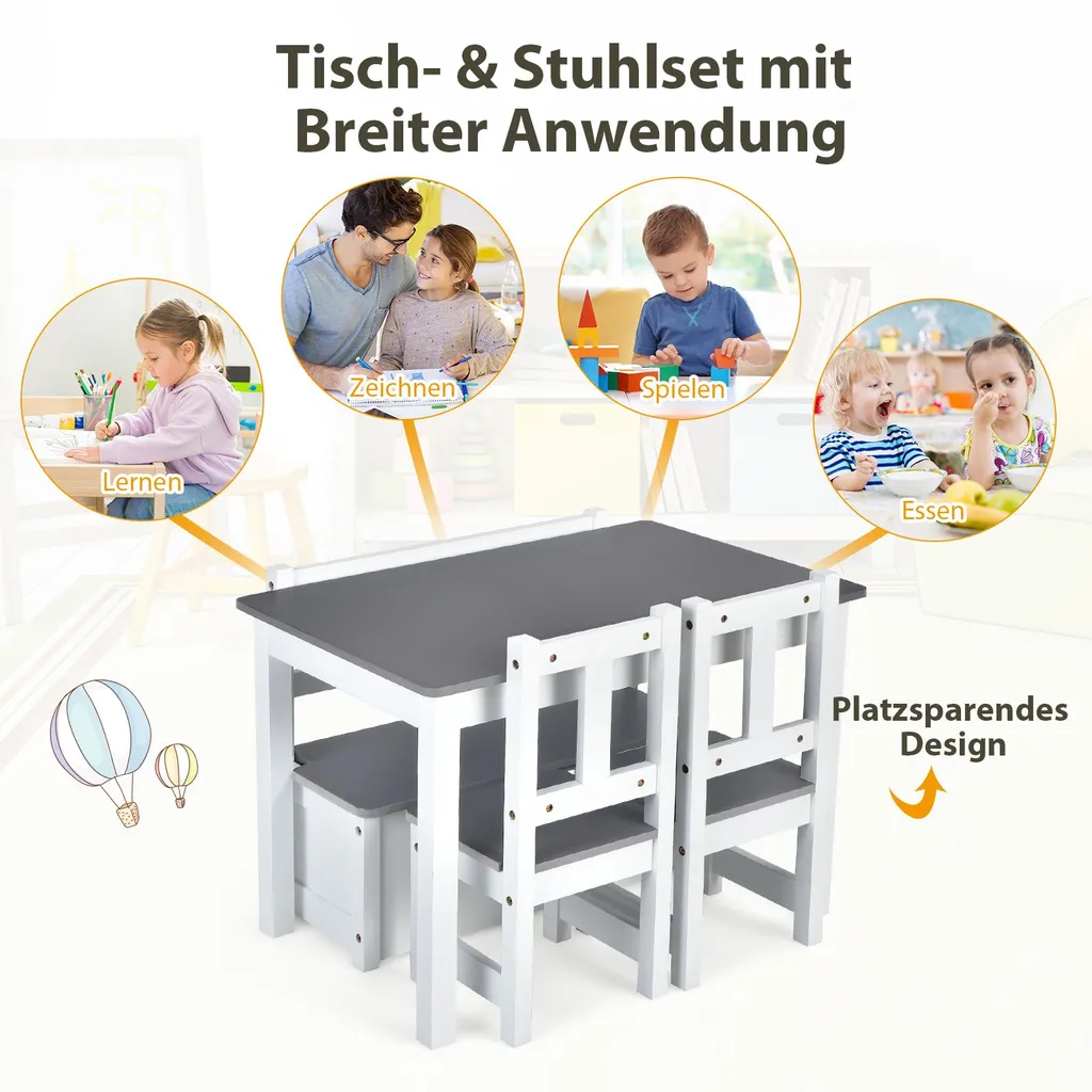 COSTWAY Set di sedute per bambini 4 pezzi in legno, tavolo per bambini sedie panca con spazio di archiviazione, set di sedute per bambini, set di tavoli per bambini, mobili per bambini set di sedute per bambini 70 x 48 x 50 cm(Grigio) - 6