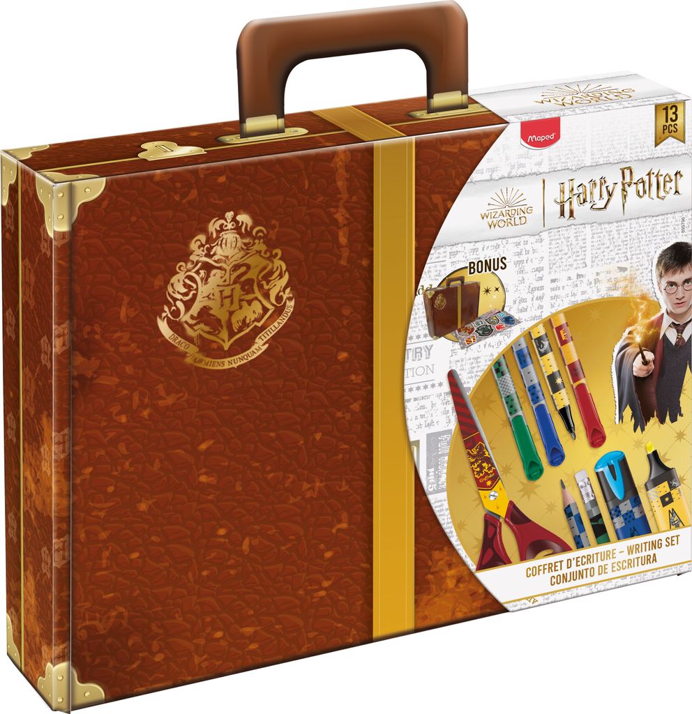 A Harry Potter themed writing set packaged in a suitcase-like box, featuring various writing instruments and accessories.