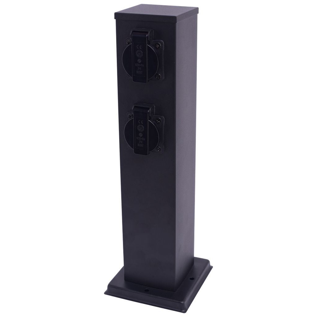 A black electrical power post with two outlets, shown against a white background.