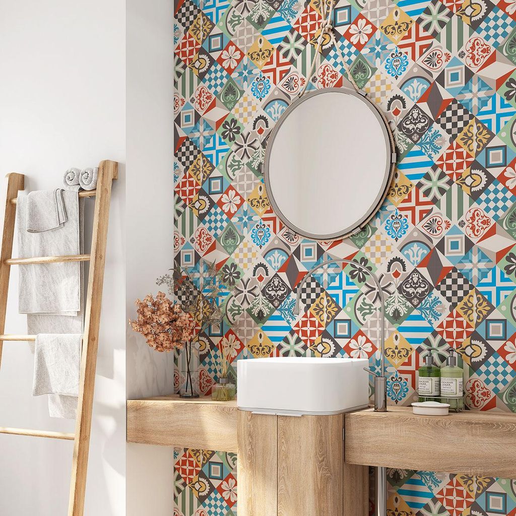 Selbstklebende Wandverkleidung für Badezimmer – Lumaléa – Zementfliesenmuster – Kleber + GL?NZENDE Schutzschicht – 60 x 60 cm