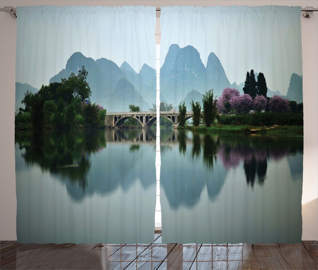 ABAKUHAUS Landschaft Rustikaler Vorhang, Japanese Lake View, Wohnzimmer Universalband Gardinen mit Schlaufen und Haken, 280 x 245 cm, Mehrfarbig