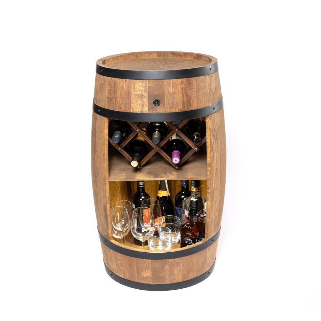 A wooden barrel-shaped wine cabinet with shelves and a wine rack, against a white background.